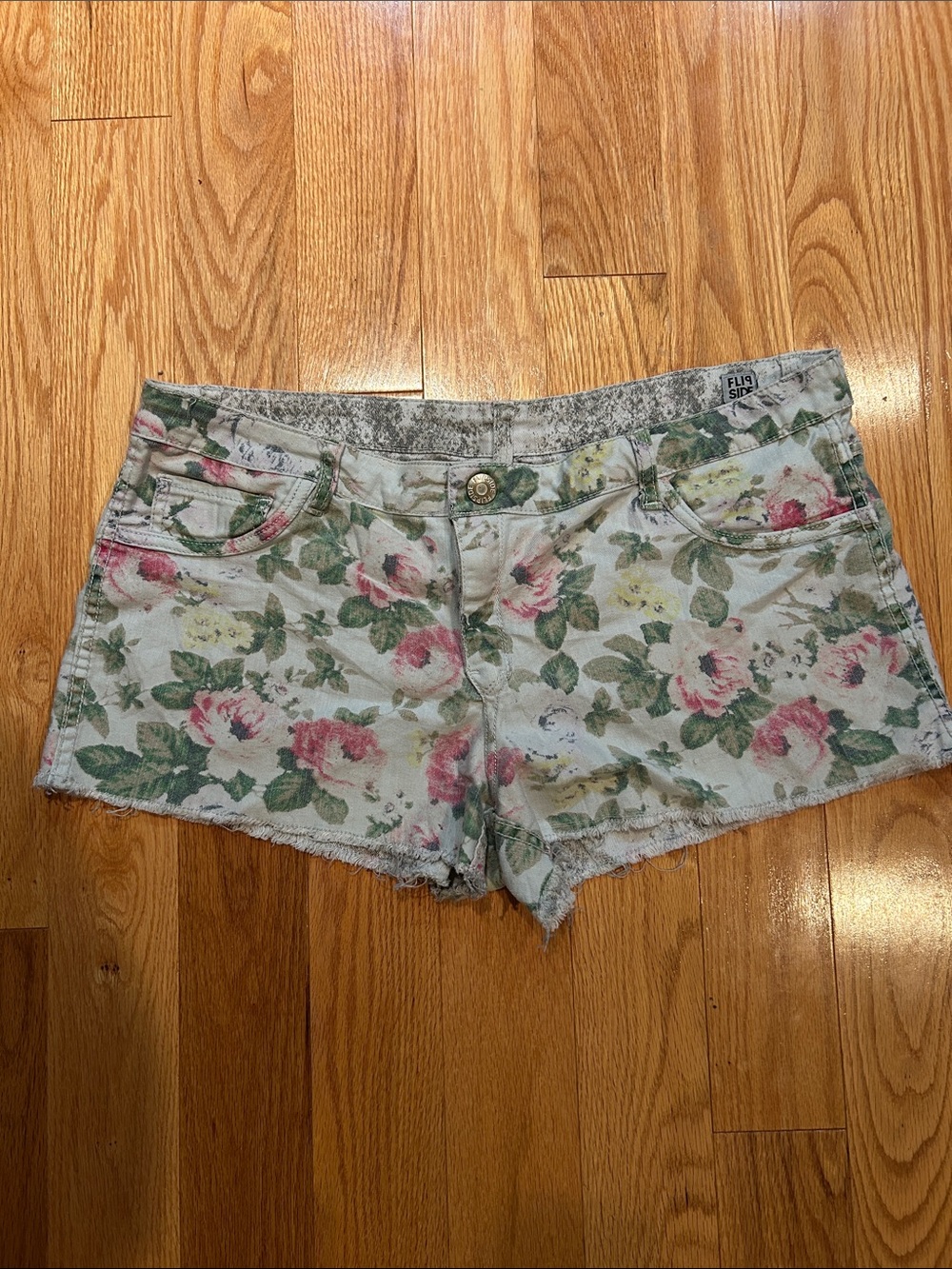 FLIPSIDE Floral Print / Distressed Denim Cutoff Revisable Shorts